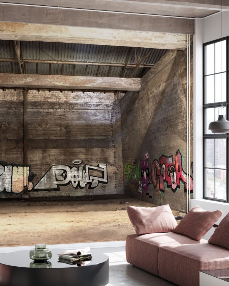 Raw industrial-style mural creating a dramatic feature wall in a living space