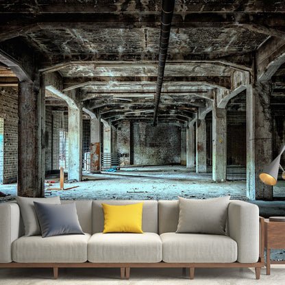 Industrial interior mural installed behind a modern sofa
