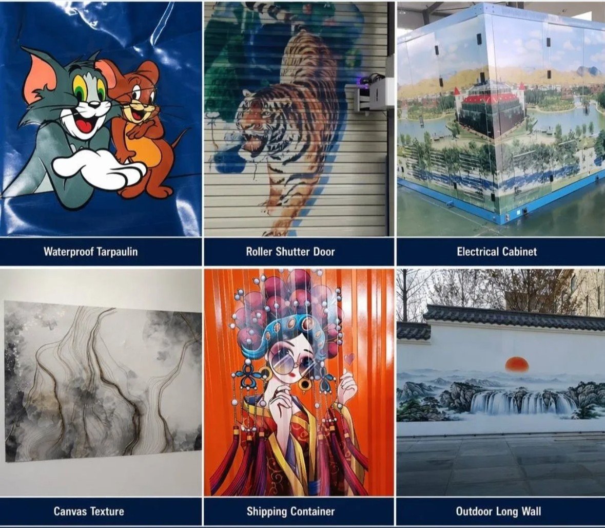 Examples of waterproof tarpaulin, roller shutter doors, electrical cabinets, canvas, shipping containers and outdoor wall printing